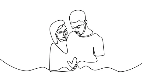 Continuous drawing line art of romantic couple with black line and white back Stock Footage 169498807