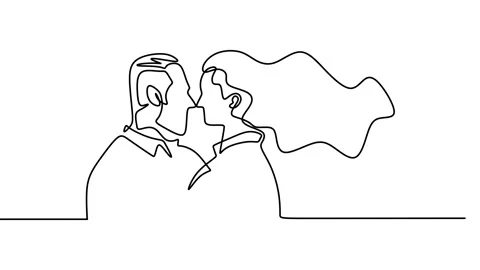 Continuous drawing line art of romantic couple with black line and white back Stock Footage 169498942