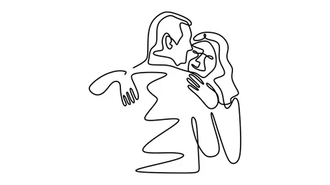 Continuous drawing line art of romantic couple with black line and white back Stock Footage 169499057