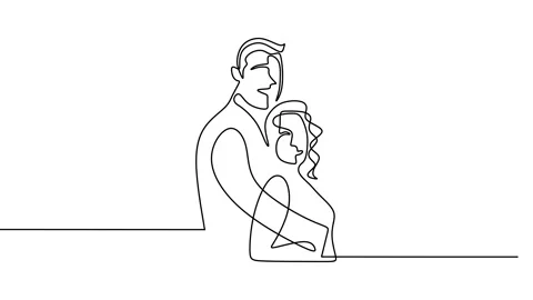 Continuous drawing line art of romantic couple with black line and white back Stock Footage 169499703
