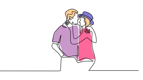 Continuous drawing line art of romantic couple with black line and white back Stock Footage 169499934