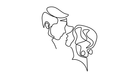 Continuous drawing line art of romantic couple with black line and white back Stock Footage 169500030