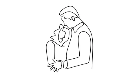 Continuous drawing line art of romantic couple with black line and white back Stock Footage 169500404