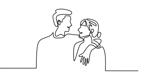 Continuous drawing line art of romantic couple with black line and white back Stock Footage 169500477