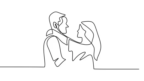 Continuous drawing line art of romantic couple with black line and white back Stock Footage 169500561