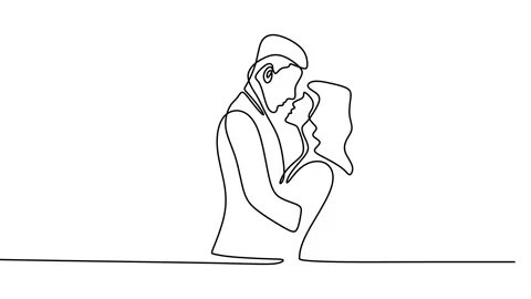 Continuous drawing line art of romantic couple with black line and white back Stock Footage 169501311