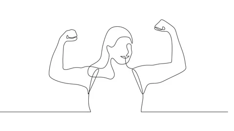Continuous drawing line art of strong woman with black line and white backgro Stock Footage 157058421