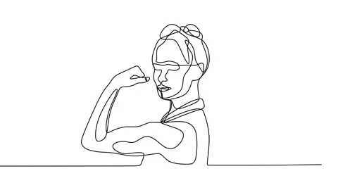 Continuous drawing line art of strong woman with black line and white backgro Stock Footage 157058473