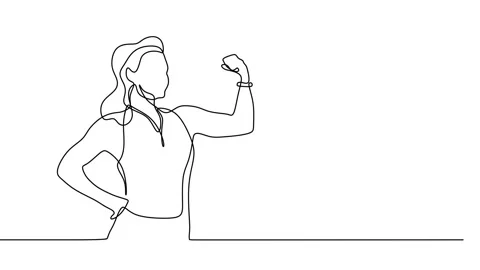 Continuous drawing line art of strong woman with black line and white backgro Stock Footage 157058778