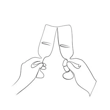 Continuous drawing of lines. Line art of two glasses in hands. Continuous dra Stock Illustration