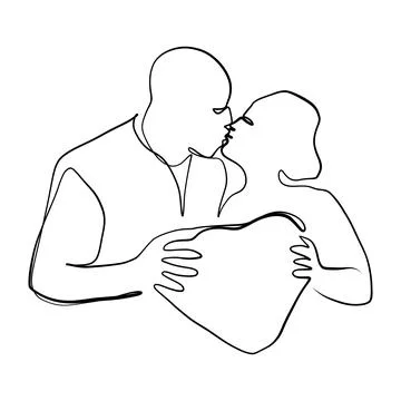 Continuous drawing of lines. Line art of kissing lovers with heart. Continuou Stock Illustration