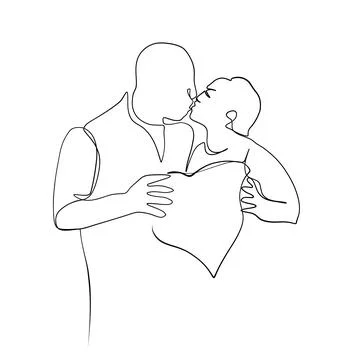 Continuous drawing of lines. Line art of kissing lovers with heart. Continuou Stock Illustration
