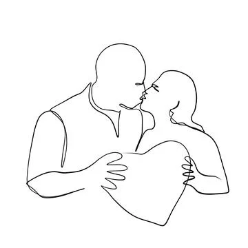 Continuous drawing of lines. Line art of kissing lovers with heart. Continuou Stock Illustration