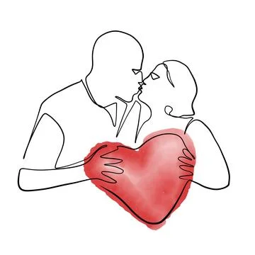 Continuous drawing of lines. Line art of kissing lovers with heart. Continuou Stock Illustration