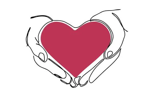 Continuous drawing in one line. Hands holding a heart on a white background.. Stock Illustration