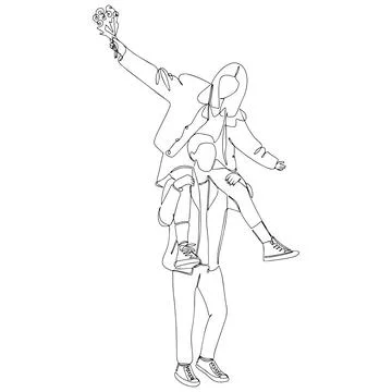 A continuous drawing in one line of a happy funny young couple. A romantic Stock Illustration
