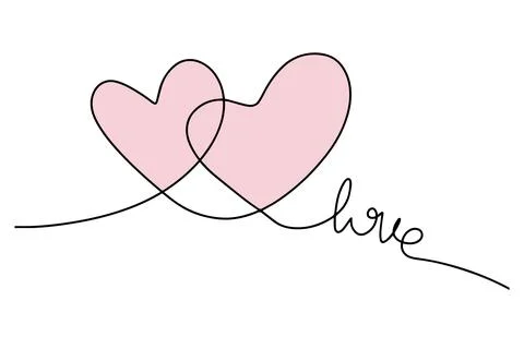 Continuous drawing of a pair of hearts and the inscription love. Fashionable Illustrazione stock