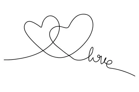 Continuous drawing of a pair of hearts and the inscription love. Fashionable Stock Illustration