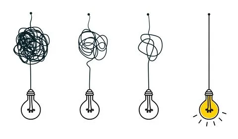 Continuous drawing of tangled wires with light bulbs in minimalist scribble Stock Illustration