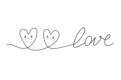 Continuous drawing of two hearts and the inscription love. A couple of hearts Stock Illustration
