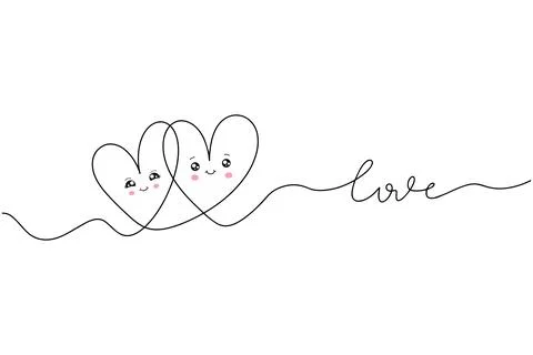Continuous drawing of two hearts and the inscription love. A couple of hear.. Stock Illustration