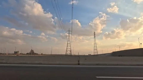 Continuous Highway Traffic Across Desert Landscape Between Cairo and Ain Sokhna Stock Footage 330007327
