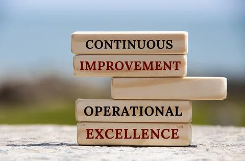 Continuous improvement Operational excellence text on wooden blocks Stock Photos