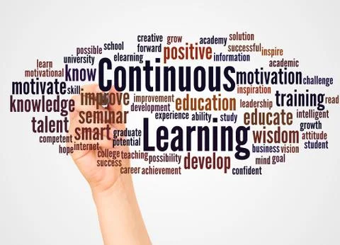 Continuous Learning word cloud and hand with marker concept 스톡 사진