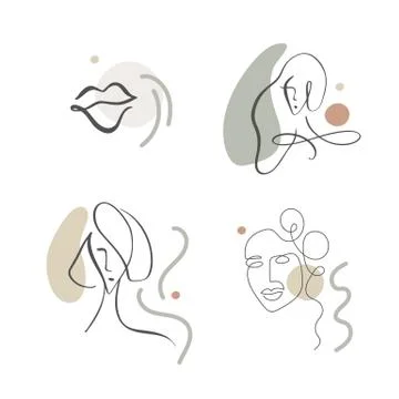 Continuous line, abstract drawing of set faces and hairstyle, fashion concept Stock Illustration
