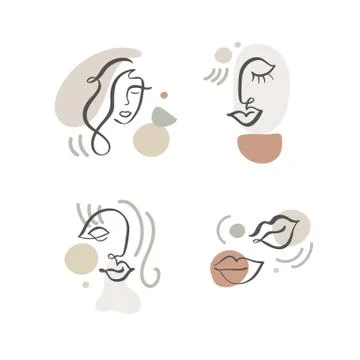Continuous line, abstract drawing of set faces and hairstyle, fashion concept Stock Illustration