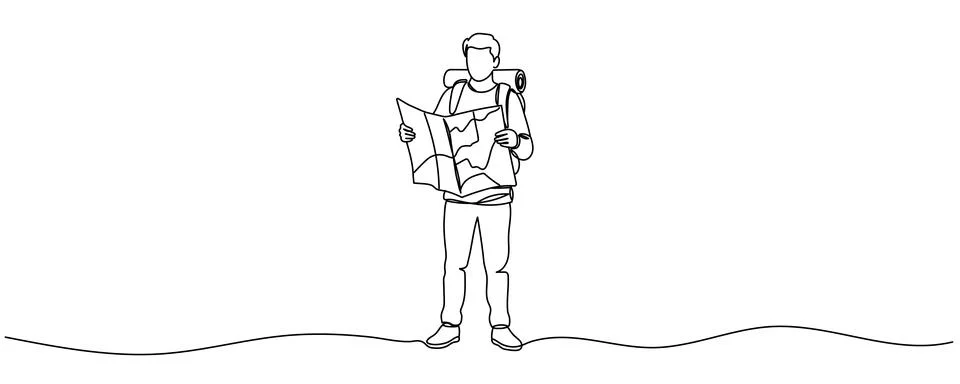Continuous line of adventurous man with map. One line drawing of tourist wi.. Stock Illustration