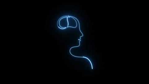 Continuous line art animation depicting glowing neon profile with brain sil.. Stock Footage 338008378