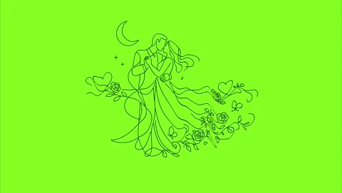 Continuous line art animation of romantic dancing couple under the moon Stock Footage 337985510