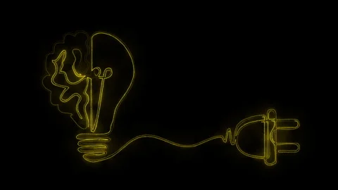 Continuous line art animation of yellow neon brain light bulb connected wit.. Stock Footage 338012884