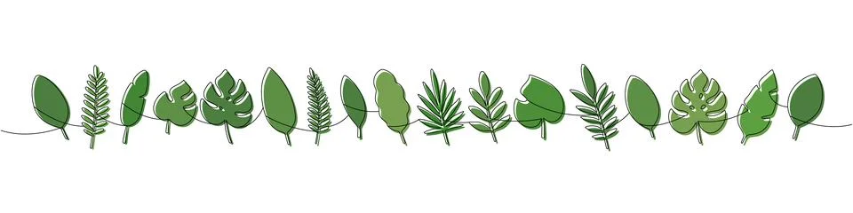 Continuous line art of assorted tropical leaves with green fill. Minimalist Stock Illustration