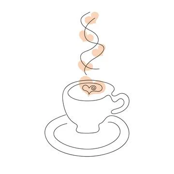 Continuous line art coffee cup with hearts. Stock Illustration