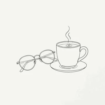 Continuous line art coffee cup glasses minimalist Silhouette Stock Illustration