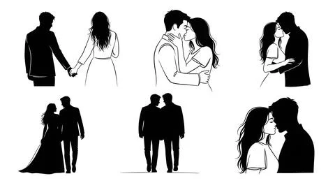 Continuous Line Art Dancing Couple Silhouettes Stock Illustration