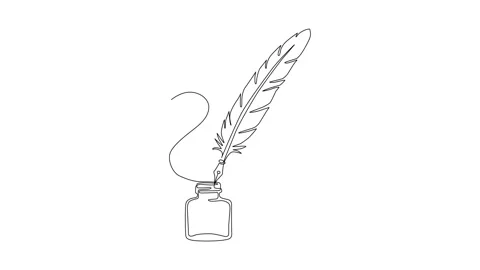 Continuous Line Art Drawing Animation of Feather Quill in Ink Bottle Stock Footage 318200619