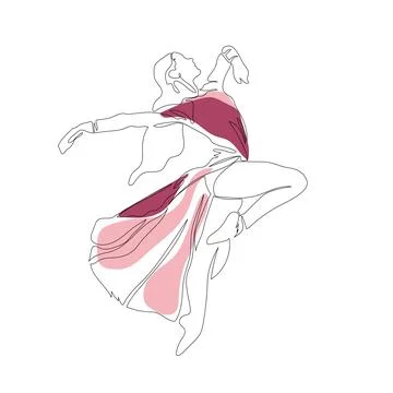 Continuous Line Art Drawing. Ballet Dancer ballerina jumping in beautiful red Stock Illustration