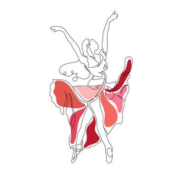 Continuous Line Art Drawing. Ballet Dancer ballerina jumping in beautiful red Stock Illustration