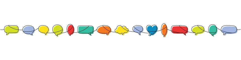 Continuous line art with multiple colorful speech bubbles in rainbow palette Stock Illustration