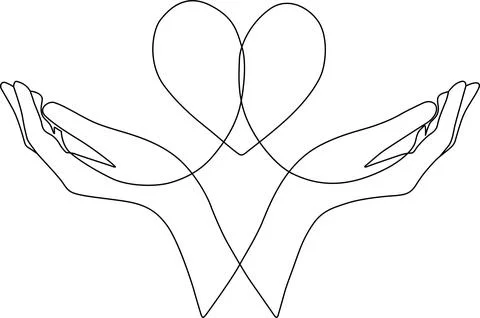 Continuous line art of open hands forming a heart shape, symbolizing care V.. Stock Illustration