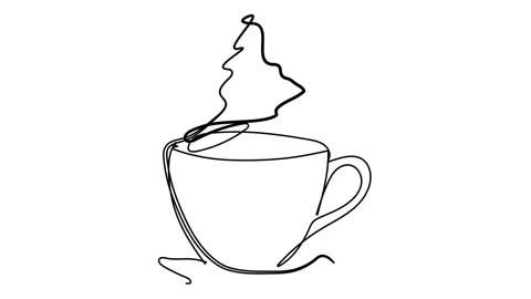 Continuous line art or One Line Drawing of coffee, warm. and Coffees cup sho Stock Footage 143241000