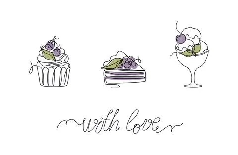 Continuous line art set of cake, pie and ice-cream Stock Illustration
