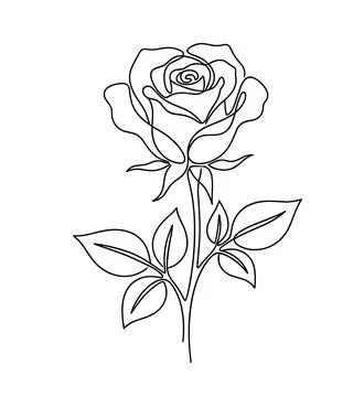Continuous line art of single rose flower with stem and leaves floral vecto.. Stock Illustration