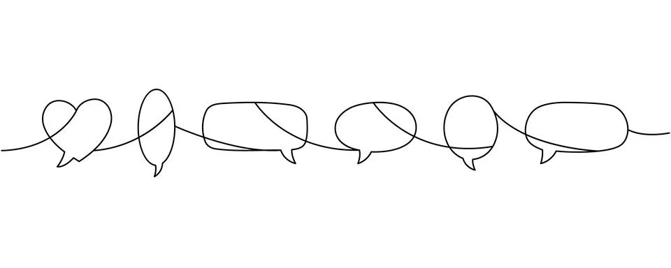 Continuous line art with six connected speech bubbles. Minimalist outline art Stock Illustration