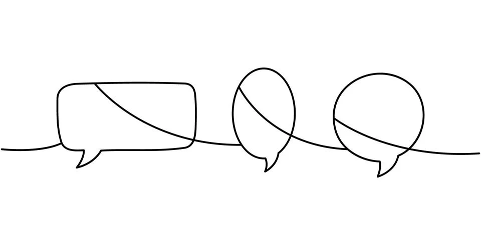 Continuous line art with three speech bubbles in different shapes. Minimalist Stock Illustration