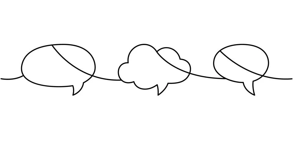 Continuous line art with three speech bubbles. Minimal abstract outline Stock Illustration