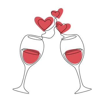 Continuous line art two glasses of red wine. Stock Illustration